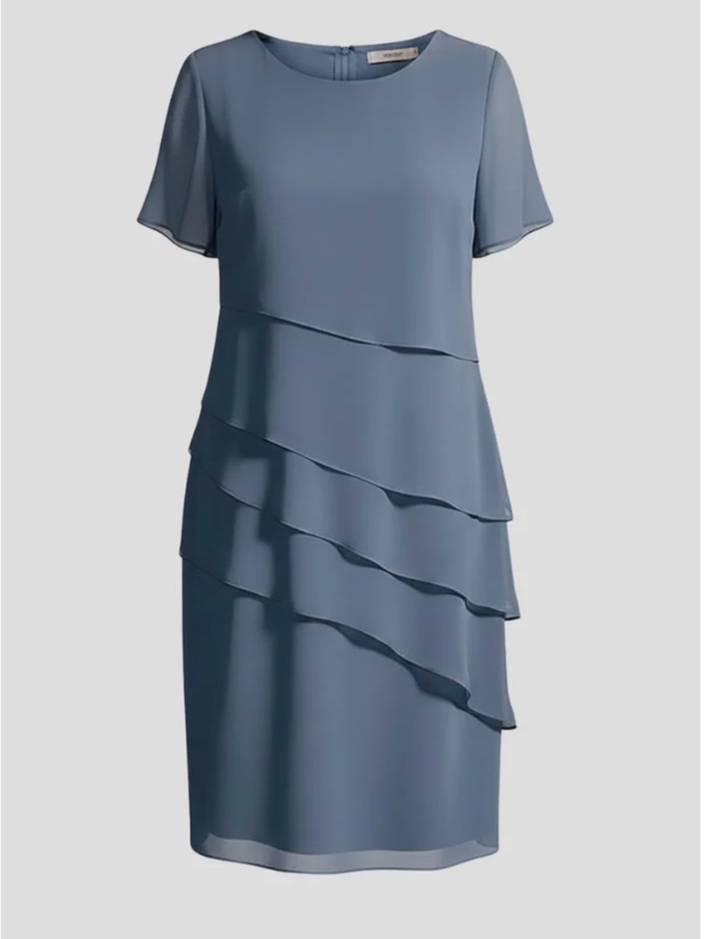 Emilia Slate Blue Short Sleeve Tiered Dress Layered Front Straight Hem MED NWT